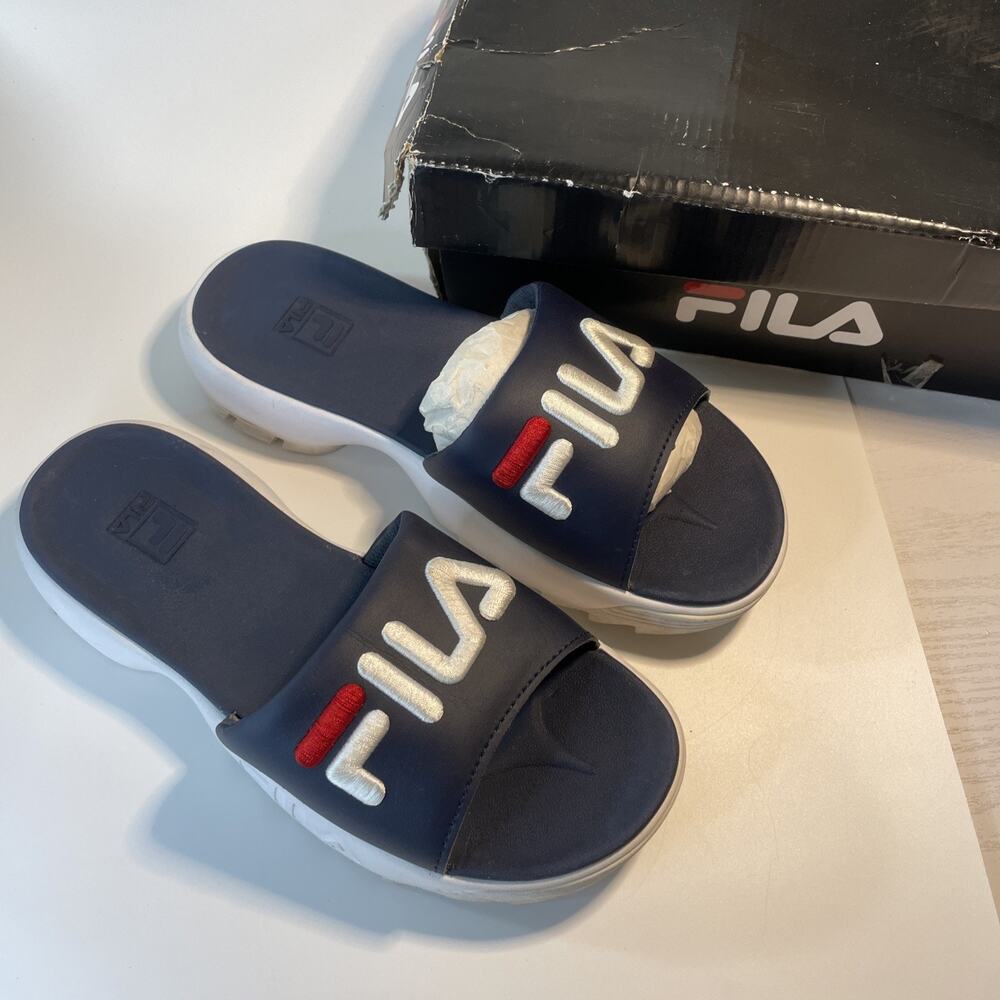Fila Slide Sandals Navy Blue White Red Logo Comfort Casual Unisex Sz 9